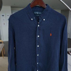 Ralph Lauren - Large Linen Long Sleeve Button Down (blue with orange logo)